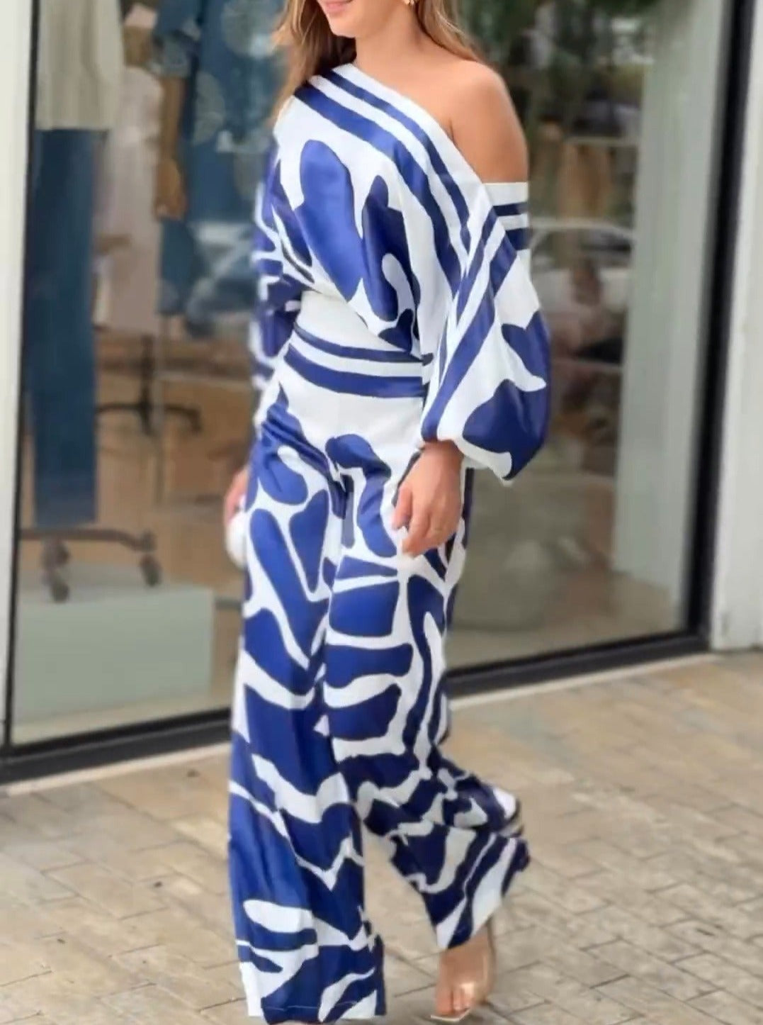 Casual Elegant Print Patchwork Off the Shoulder Long Sleeve Two Pieces