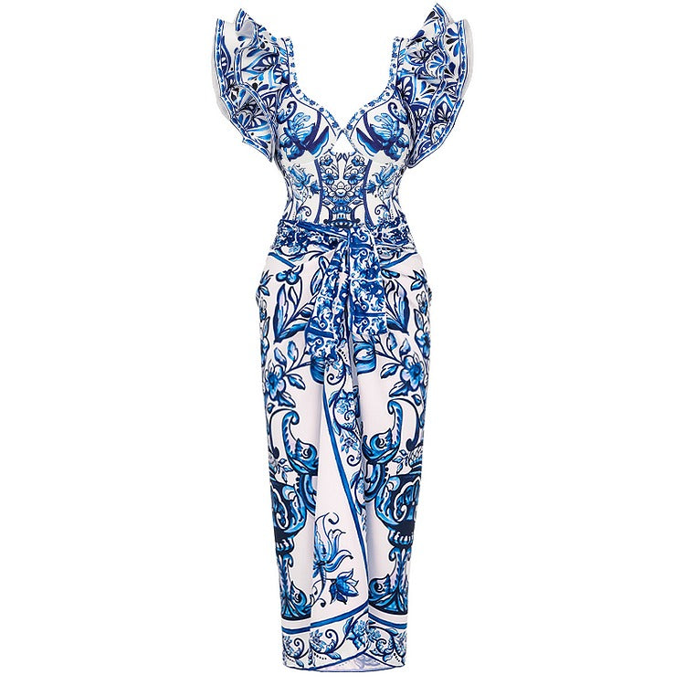 Ruffle Blue and White Porcelain Pattern Majolica Print One Piece Swimsuit and Skirt or Sarong