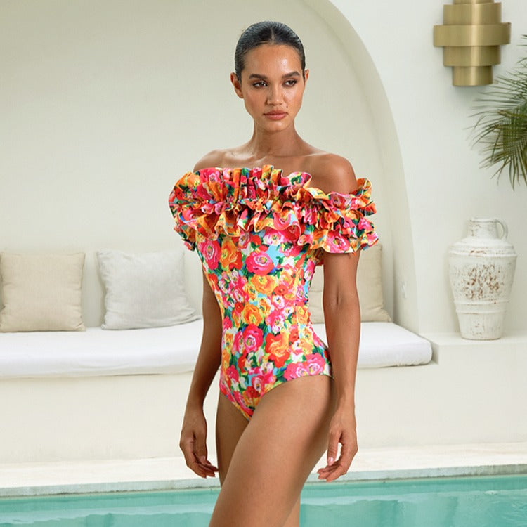 Detachable Double Shoulder Strap With Ruffles One Piece Swimsuit and Sarong