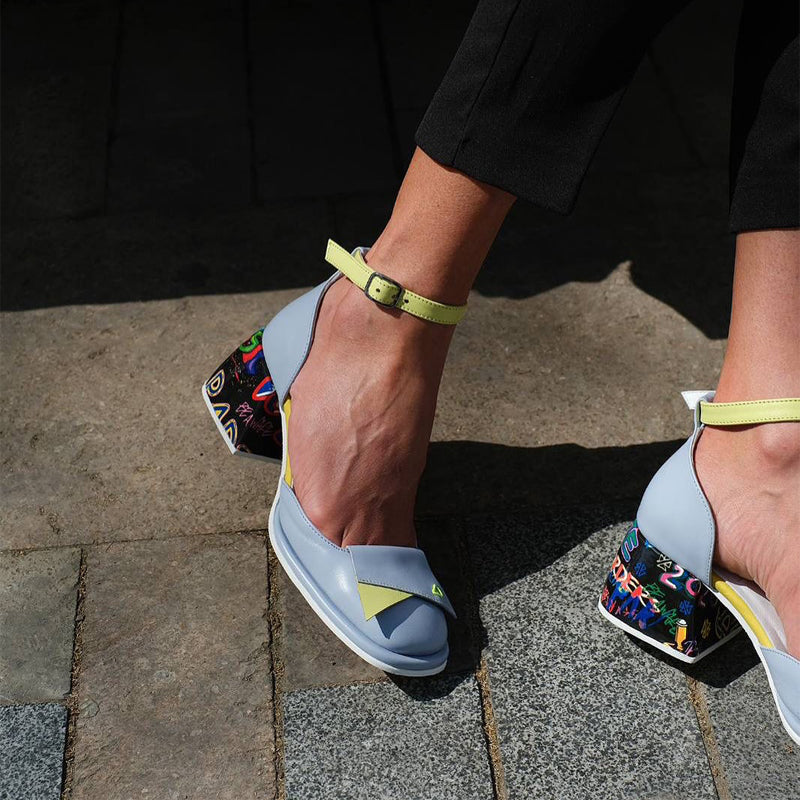 Thick Heeled Square Toe Candy Colored Leather Shoes