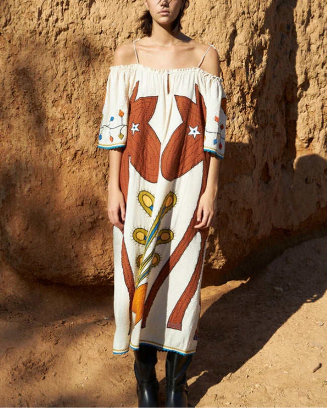 Embroidered Strap Ivory Midi Dress