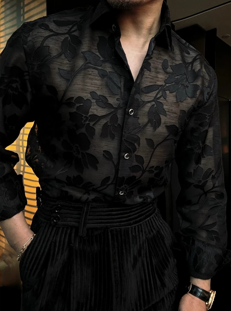 Men's Fashion Hollow Jacquard Long Sleeve Shirt