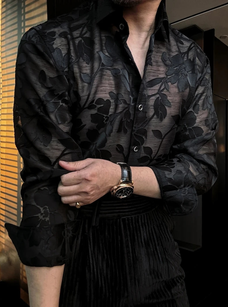 Men's Fashion Hollow Jacquard Long Sleeve Shirt