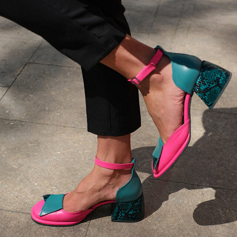 Thick Heeled Square Toe Candy Colored Leather Shoes