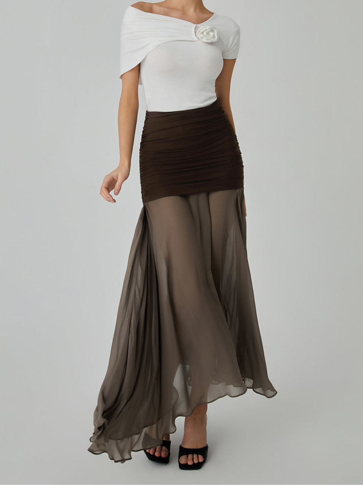 Net Chiffon Sheer Panel Maxi Skirt