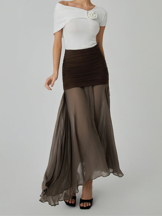 Net Chiffon Sheer Panel Maxi Skirt