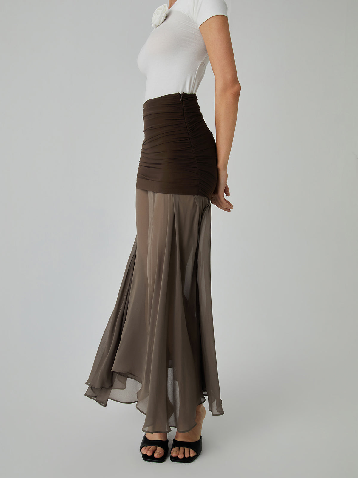 Net Chiffon Sheer Panel Maxi Skirt