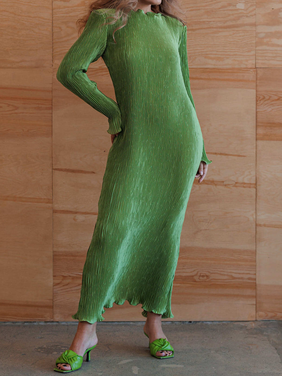 Ruffled Solid Long Sleeve Pleated Dress