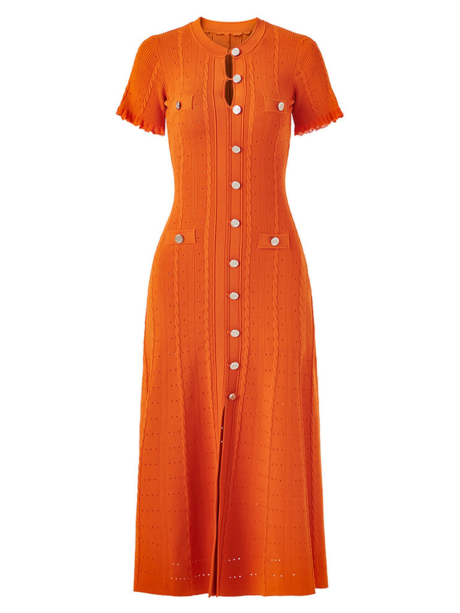 Threaded Single-breasted Knitted Dress