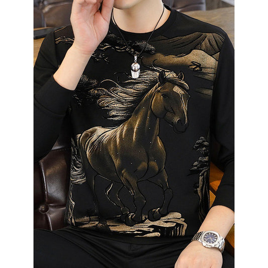 Men's sparkling diamond galloping horse casual long sleeved T-shirt