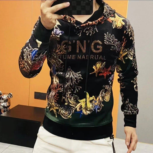 Men's gold velvet light luxury fashionable hooded printed sweatshirt