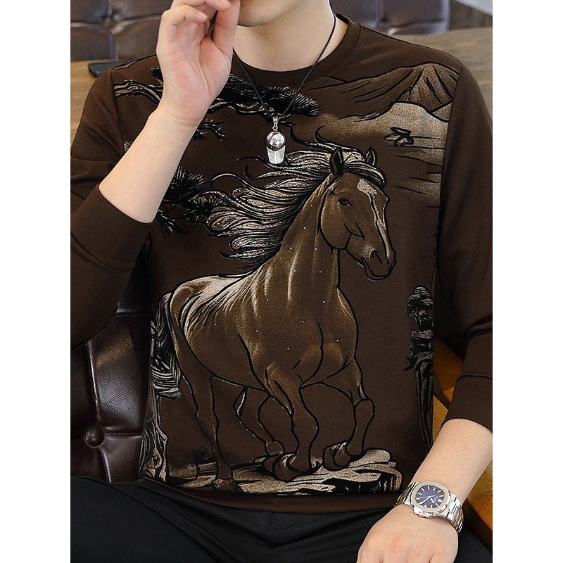 Men's sparkling diamond galloping horse casual long sleeved T-shirt