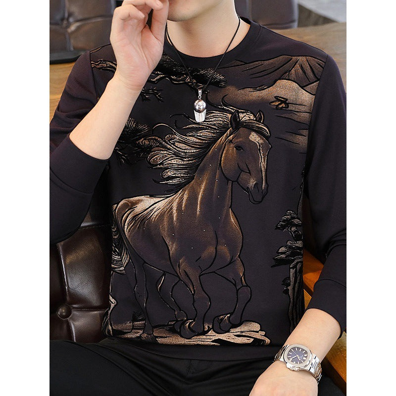 Men's sparkling diamond galloping horse casual long sleeved T-shirt