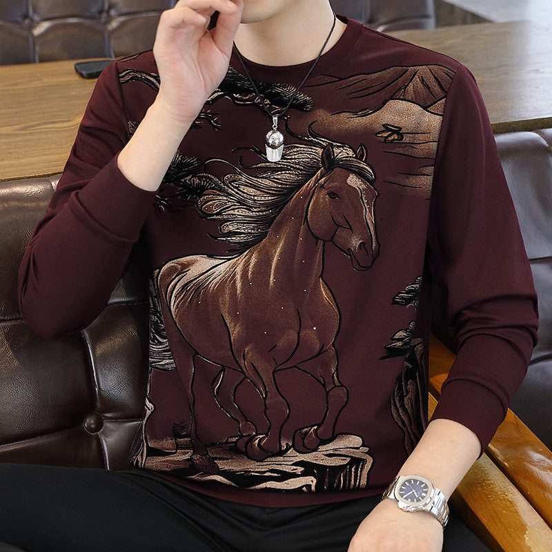 Men's sparkling diamond galloping horse casual long sleeved T-shirt
