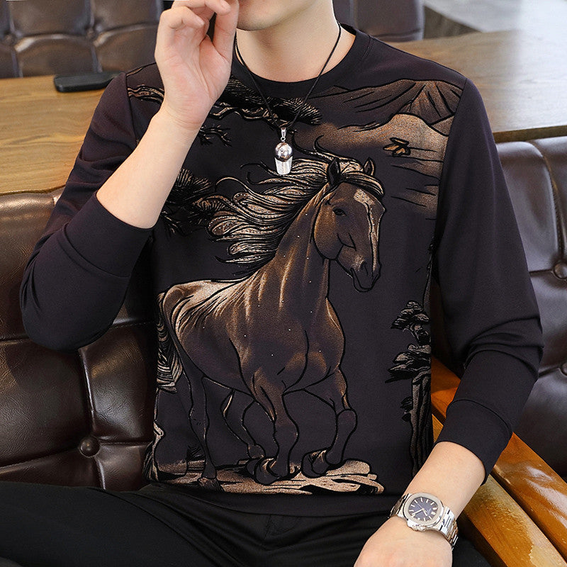 Men's sparkling diamond galloping horse casual long sleeved T-shirt