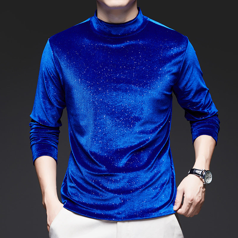 Men's trendy gold velvet long sleeved T-shirt