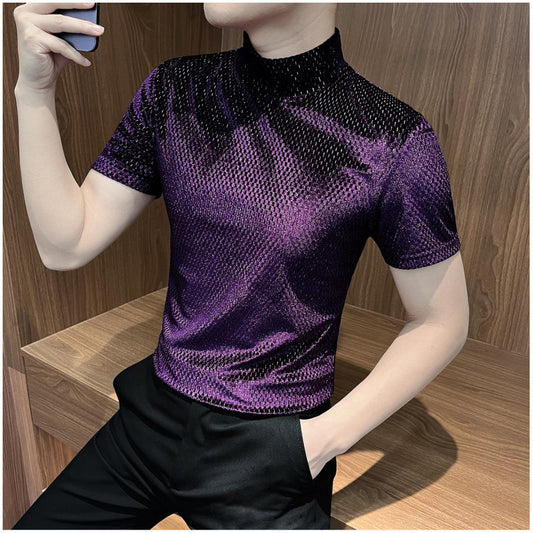 Men's gold velvet semi high neck long sleeved T-shirt