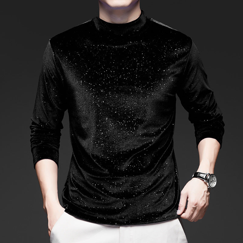 Men's trendy gold velvet long sleeved T-shirt