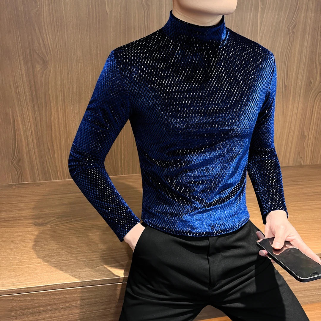 Men's gold velvet semi high neck long sleeved T-shirt