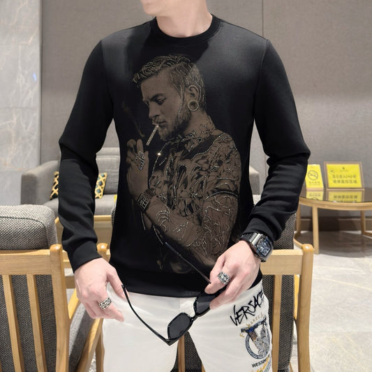Men's trendy diamond studded portrait print long sleeved T-shirt