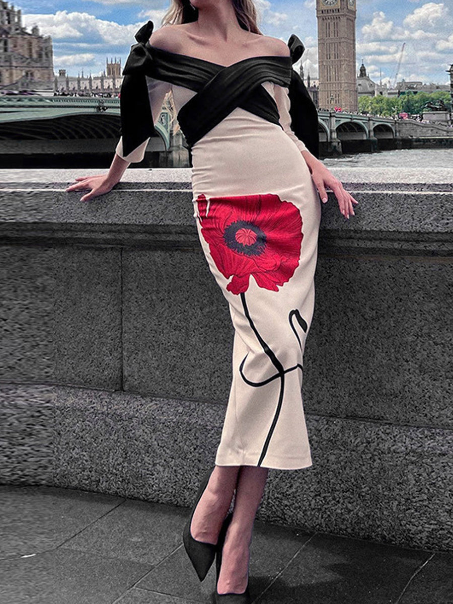 Patchwork Long Sleeve Off Shoulder Printed Sexy Dress