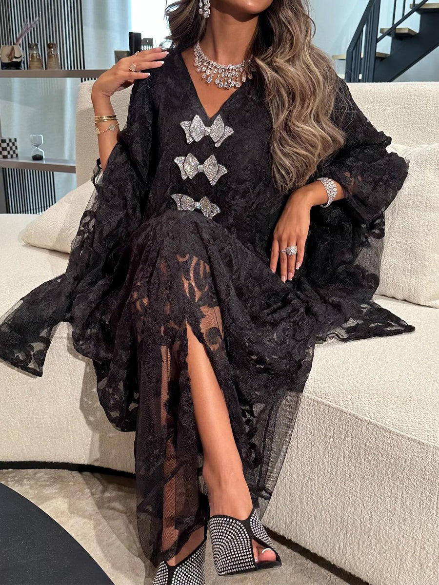 Rhinestone Sparkle Lace V Neck Dress