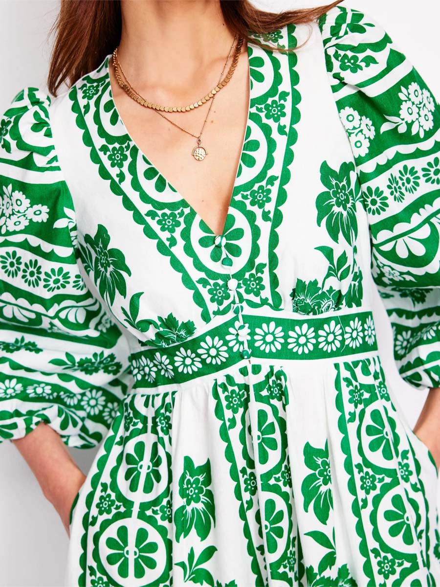 Printed V Neck Blouson Sleeve Maxi Dress