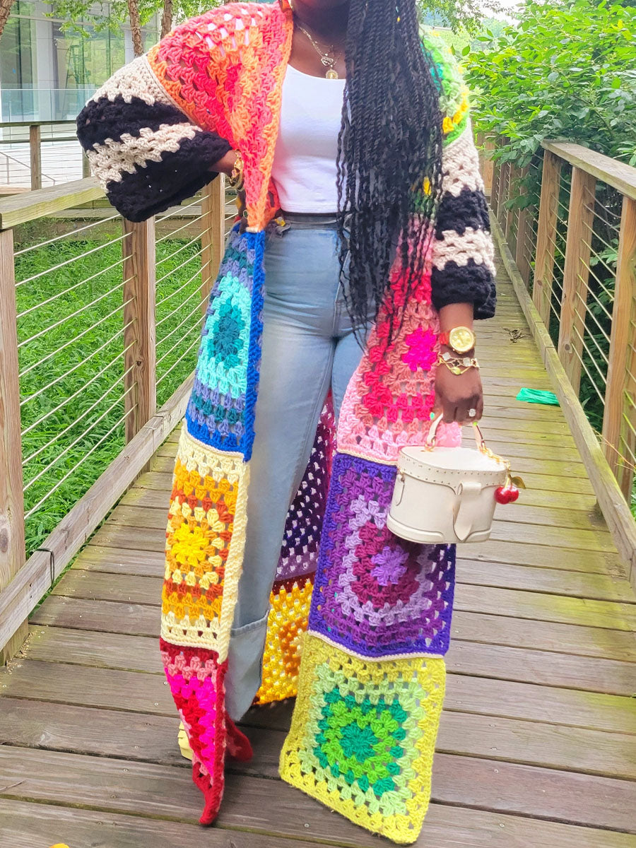 Multicolor Colorblock Knitted Crochet Cardigan