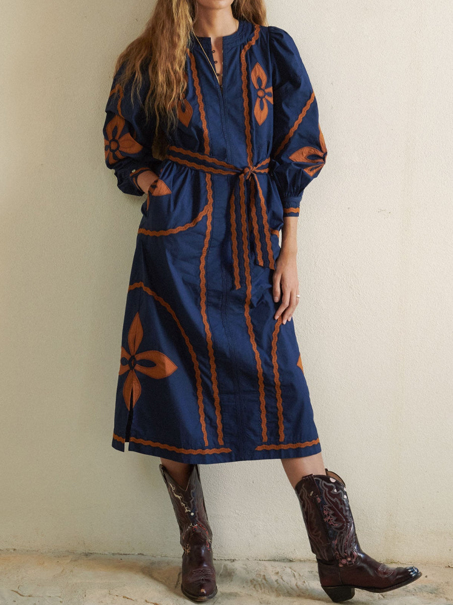 Placement Print Belted Long Sleeve Dress