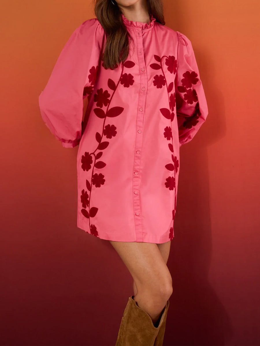 Floral Embroidery Band Collar Ruffle Trim Dress