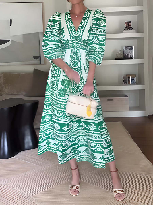 Printed V Neck Blouson Sleeve Maxi Dress