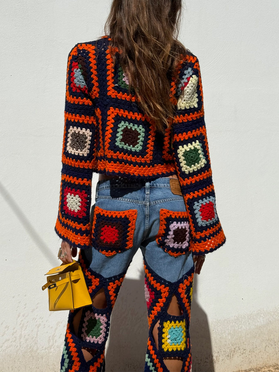 Multicolour Crochet Bell Sleeves Top & Denim Trousers