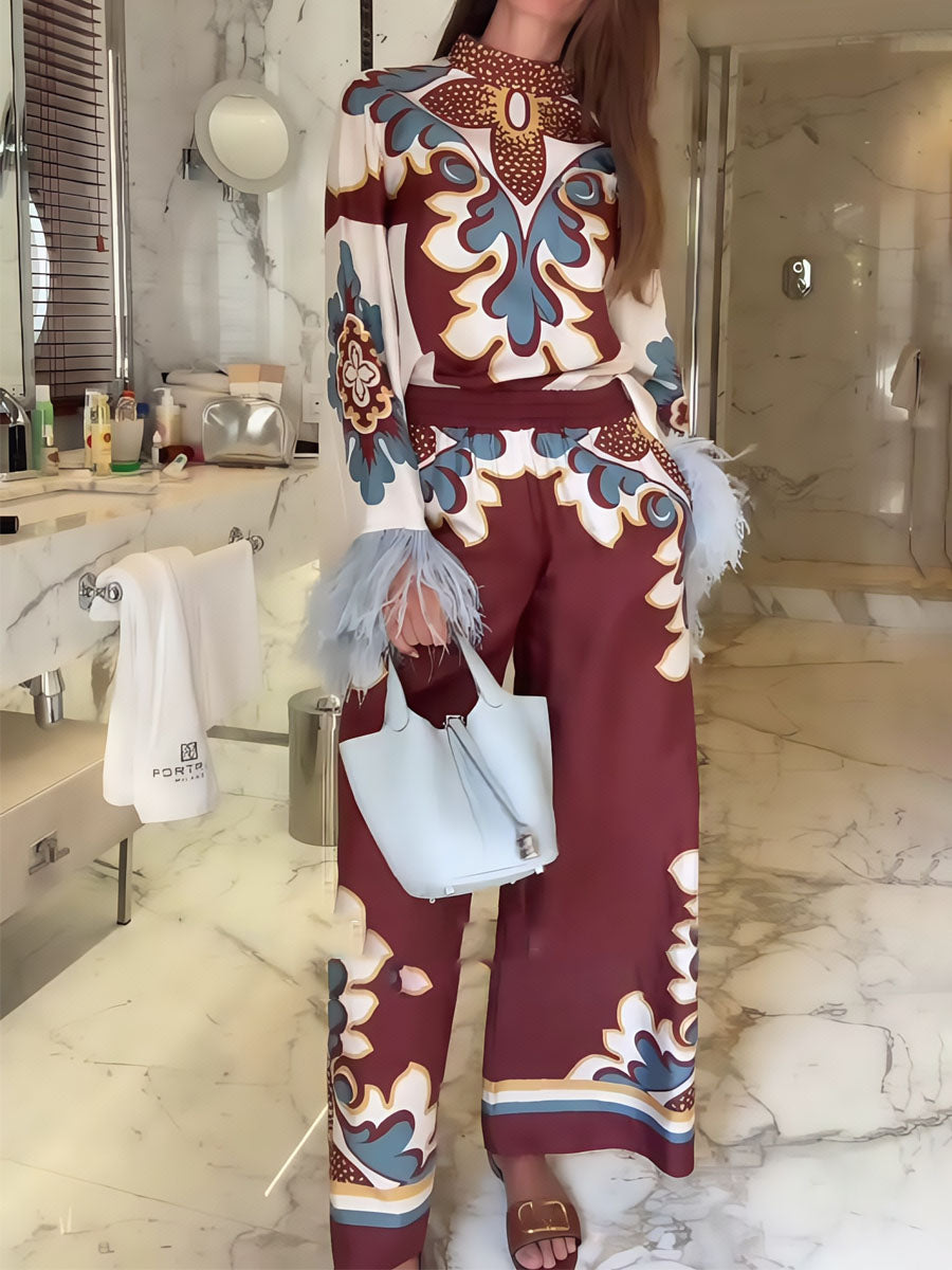 High Neck Feather Sleeve Two Pieces Set