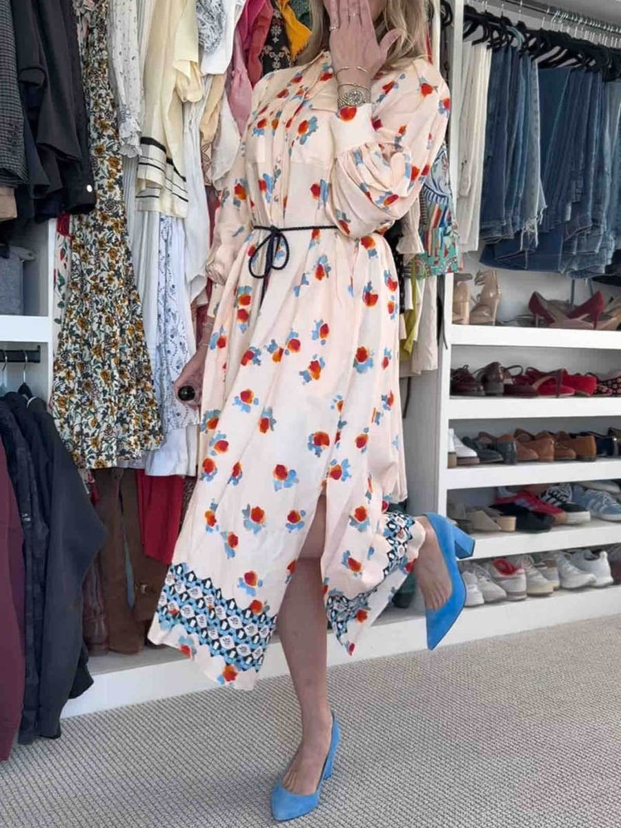 Printed Long Sleeve Tie-up Shirtdress