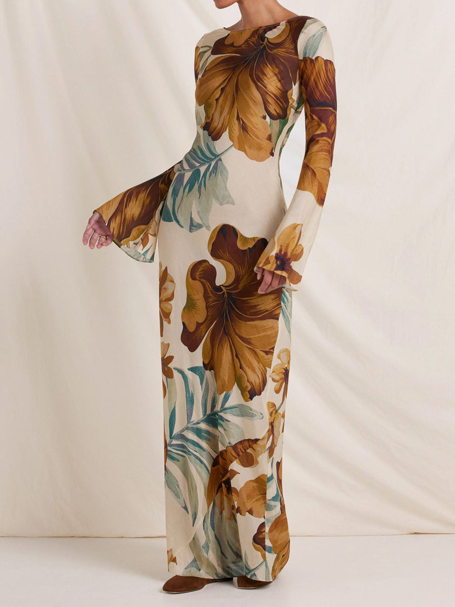 Open Back Printed Long Sleeve Maxi Dress