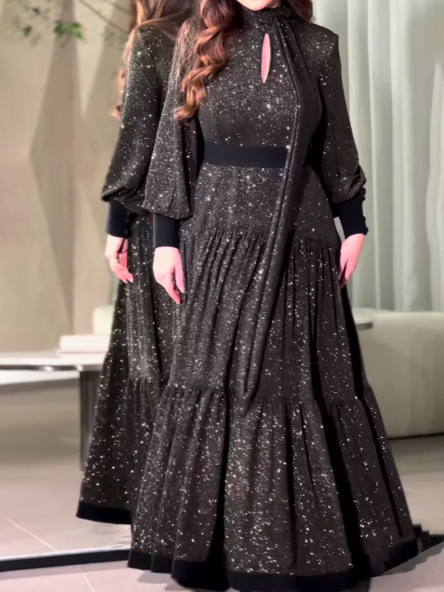 Shinny Long Sleeve Keyhole Neckline Maxi Dress