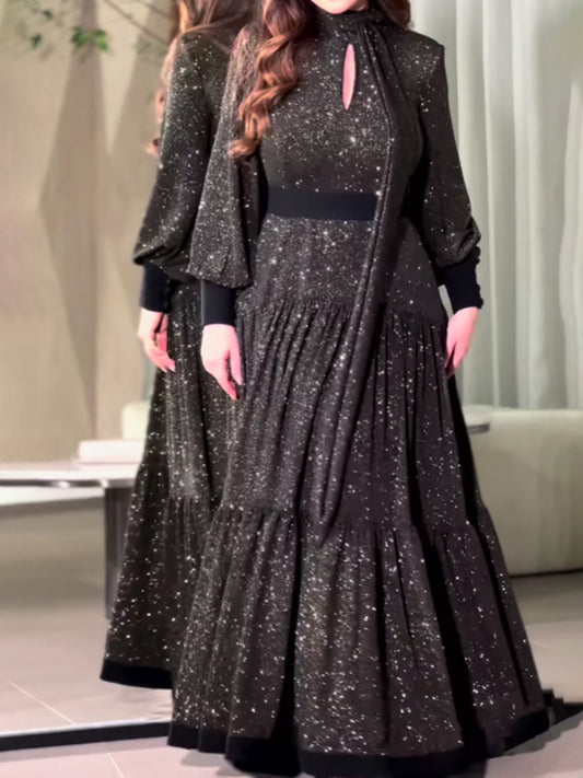 Shinny Long Sleeve Keyhole Neckline Maxi Dress