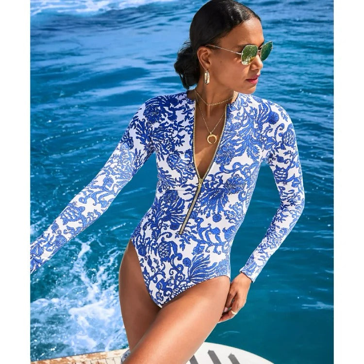 Long Sleeve Zip Front Blue White One Piece Surf Swimsuit and Sarong