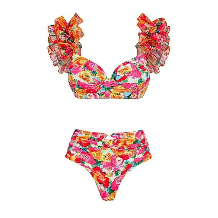 Detachable Double Shoulder Strap With Ruffles One Piece Swimsuit and Sarong