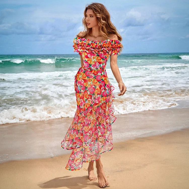 Detachable Double Shoulder Strap With Ruffles One Piece Swimsuit and Sarong