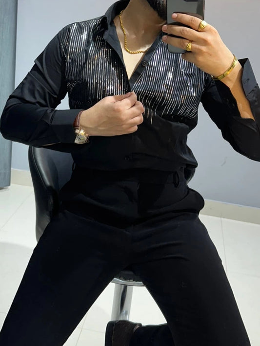 Men's Line Sparkling Diamond Long Sleeved Shirt