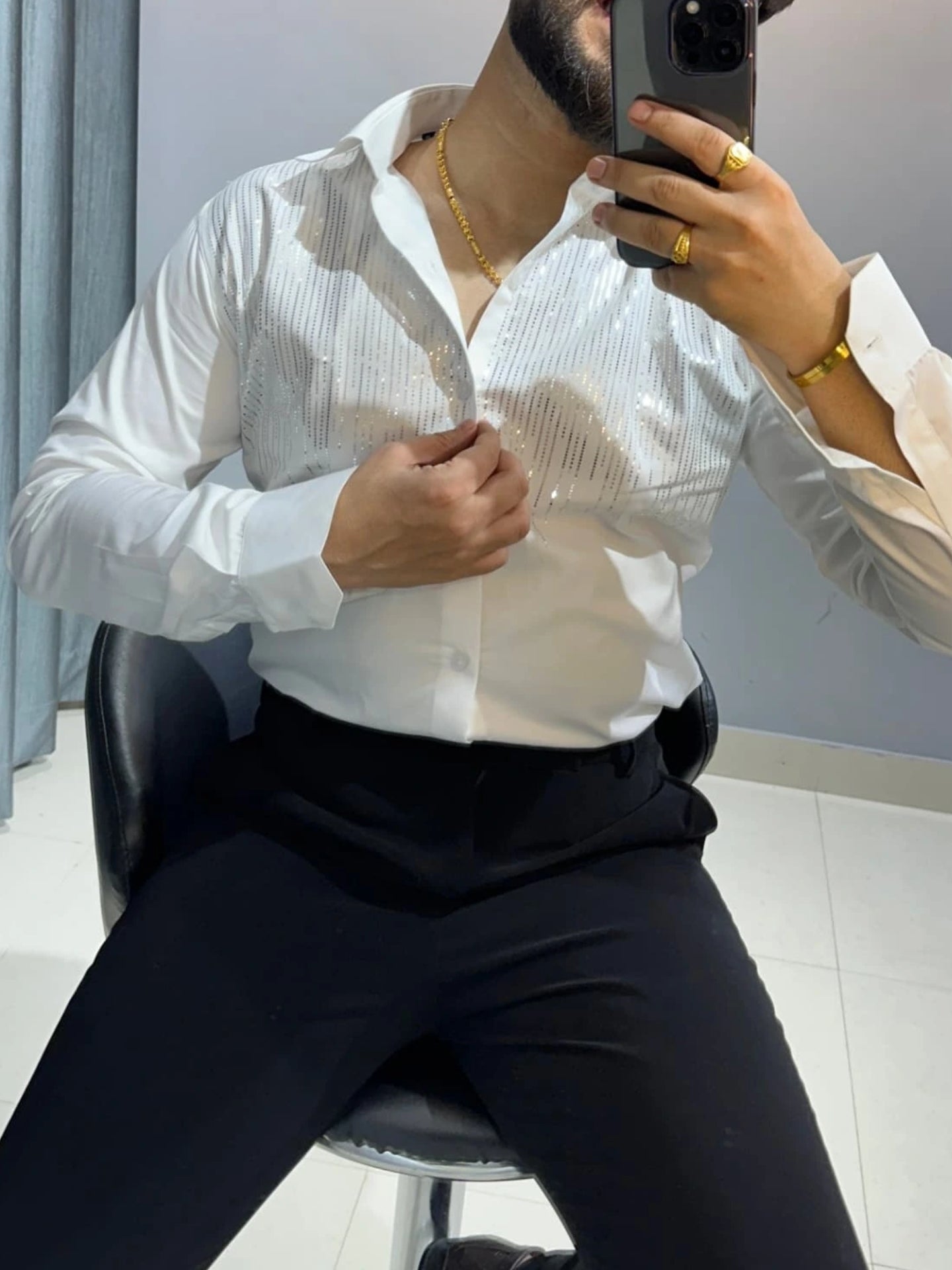 Men's Line Sparkling Diamond Long Sleeved Shirt