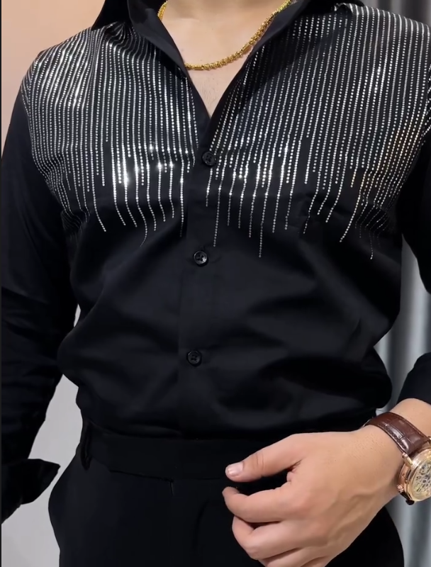 Men's Line Sparkling Diamond Long Sleeved Shirt