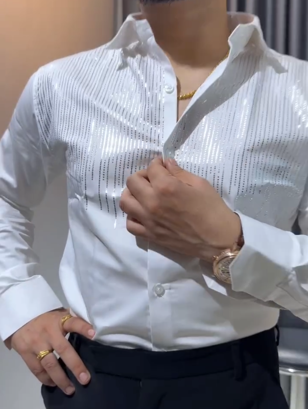 Men's Line Sparkling Diamond Long Sleeved Shirt