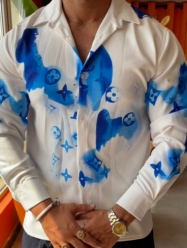 Men's Blue Dyed Luxury Printed Long Sleeved Shirt