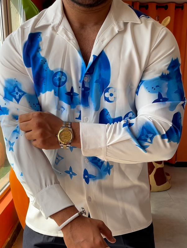 Men's Blue Dyed Luxury Printed Long Sleeved Shirt