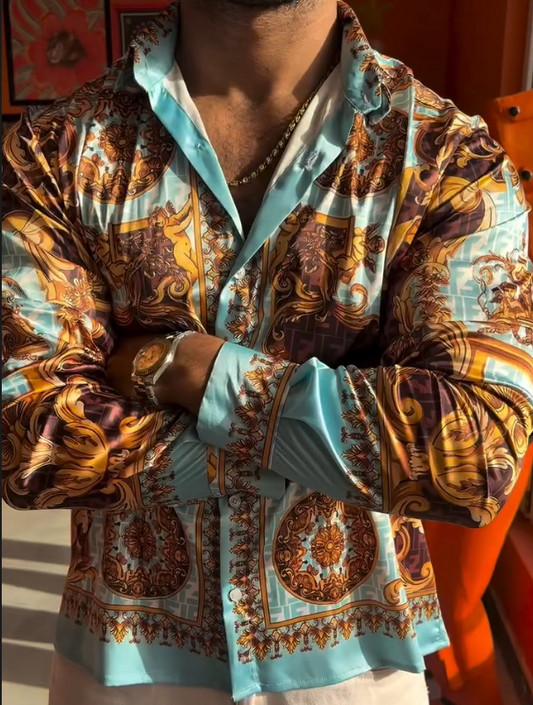 Luxury Patterned Silk Long Sleeved Shirt