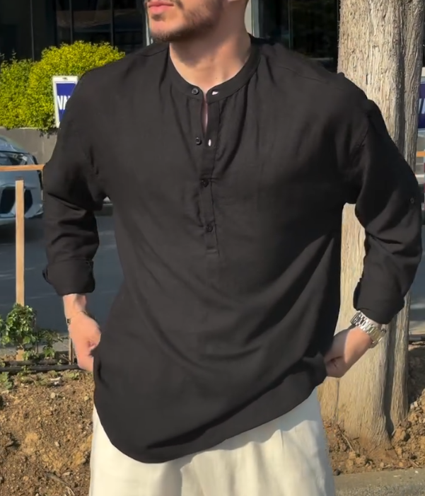 Simple Henry Collar Long Sleeved Shirt