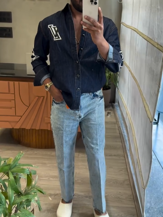 Men's Luxury Printed Denim Long Sleeved Shirt