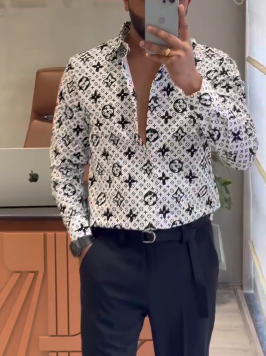 Men's Black And White Printed Luxury Long Sleeved Shirt